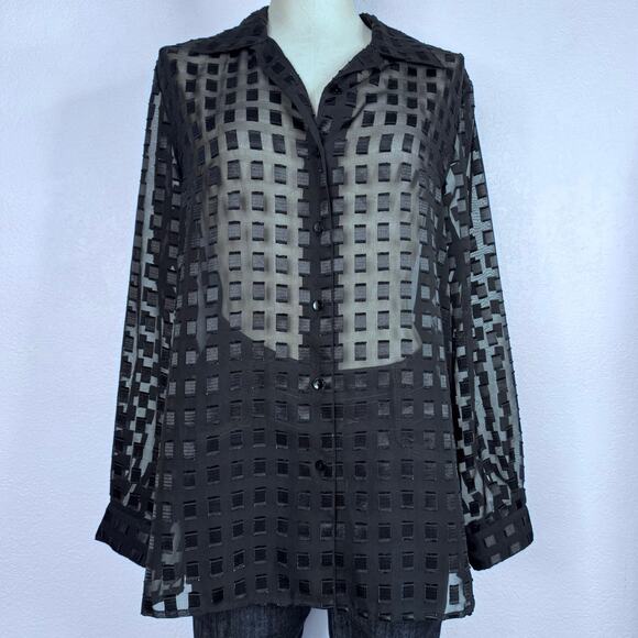 Vintage Sheer Black Grid Blouse Mesh Button Up Y2K Grunge Officecore Large - Picture 8 of 8